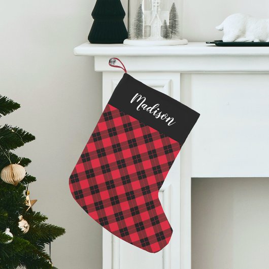 Petite Chaussette De Noël Élégant Rouge et Noir Plaid Personnalisé