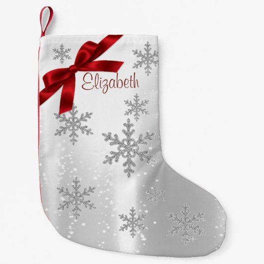 Petite Chaussette De Noël Élégant Snowflakes brillant, Red Bow Personnalisé (Devant)