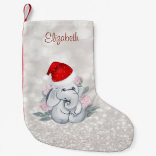Petite Chaussette De Noël Éléphant Bébé Avec Casquette De Père Noël,Fleurs,B