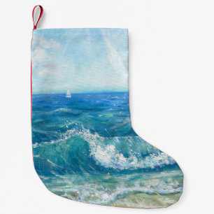 Petite Chaussette De Noël Eté, vagues bleues, peinture acrylique.