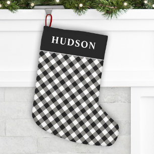 Petite Chaussette De Noël Famille moderne à carreaux buffle noir et blanc