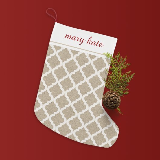 Petite Chaussette De Noël Faux Burlap rustique et Quatrefoil Marocain blanc