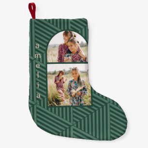 Petite Chaussette De Noël Festif Boho vert géométrique deux photos