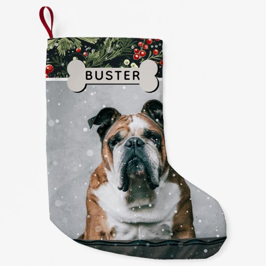 Petite Chaussette De Noël Festive Foliage Custom Chien Photo & Nom (Devant)