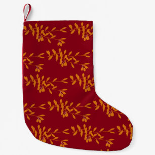 Petite Chaussette De Noël Feuilles de branches de silhouette orange sur roug