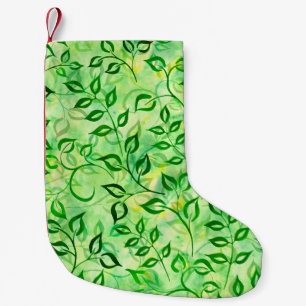 Petite Chaussette De Noël Feuilles vert aquarelle sur un fond jaune-vert