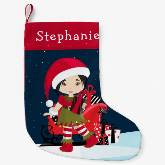 Petite Chaussette De Noël Fille d'Elfe asiatique avec le rudolph (Devant)