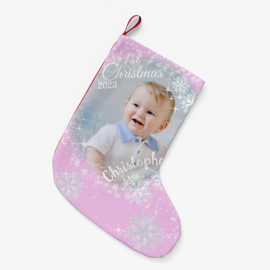 Petite Chaussette De Noël Flacons de neige brillants rose (Devant (Accrochage))