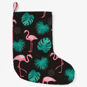 Petite Chaussette De Noël Flamant rose, palmiers feuilles : aquarelle tropic
