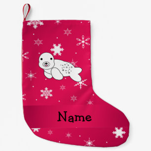 Petite Chaussette De Noël Flammes de neige rose phoque de nom personnalisé