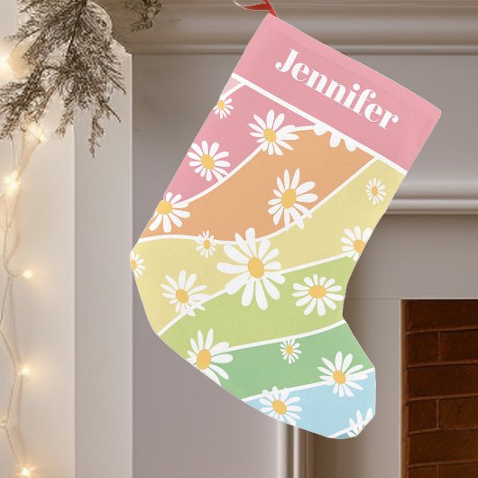 Petite Chaussette De Noël Fleur de marguerite rétro Pastel Stripes Monogramm