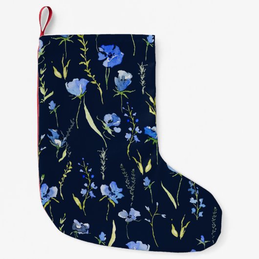 Petite Chaussette De Noël Fleurs bleues rustiques : Illustration botanique. (Devant)