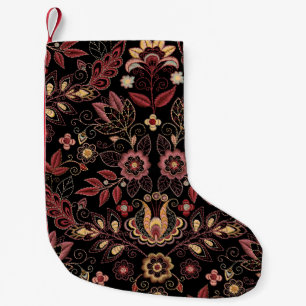 Petite Chaussette De Noël Fleurs brodées, vintage foncé