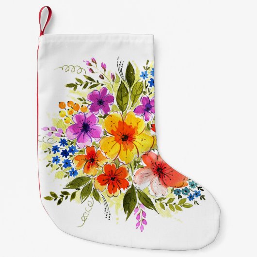 Petite Chaussette De Noël Fleurs peintes à la main, bouquet aquarelle clair. (Devant)
