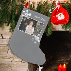 Petite Chaussette De Noël Flocon de neige gris rustique Photo personnalisée