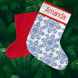 Petite Chaussette De Noël Flocons de neige blancs bleus personnalisés dos ro