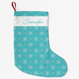 Petite Chaussette De Noël Flocons de neige bleus et blancs avec nom personna
