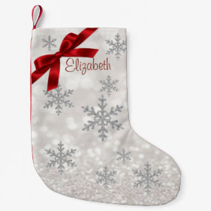Petite Chaussette De Noël Flocons de neige élégants,Ruban rouge,Pailleté -Pe