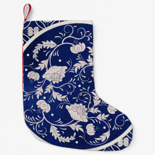 Petite Chaussette De Noël Floral chinois rond : Aquarelle bleue Vintage