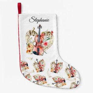 Petite Chaussette De Noël Floral Violins Gold Music Notes Noël