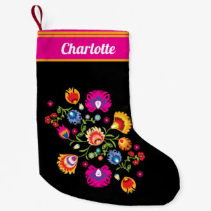 Petite Chaussette De Noël folklore polonais à 2 côtés avec fleurs roses P
