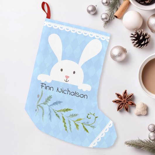 Petite Chaussette De Noël Forme de diamant bleu blanc lapin