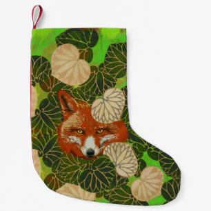PETITE CHAUSSETTE DE NOËL FOX ROUGE PARMI LES FEUILLES VERTS BLANCS ET LE FO