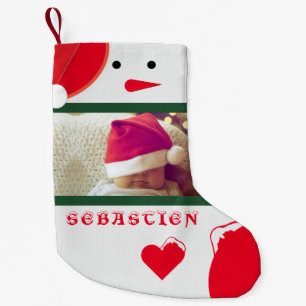 Petite Chaussette De Noël Fun Snowman Votre Nom Photo Bébé mignon Bébé Rouge