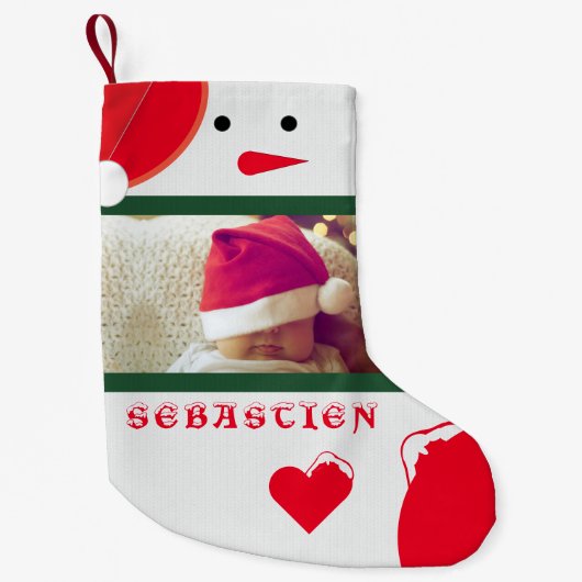 Petite Chaussette De Noël Fun Snowman Votre Nom Photo Bébé mignon Bébé Rouge (Devant)