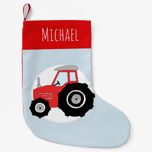 Petite Chaussette De Noël Garçons jote Tractor rouge Doodle et nom (Devant)