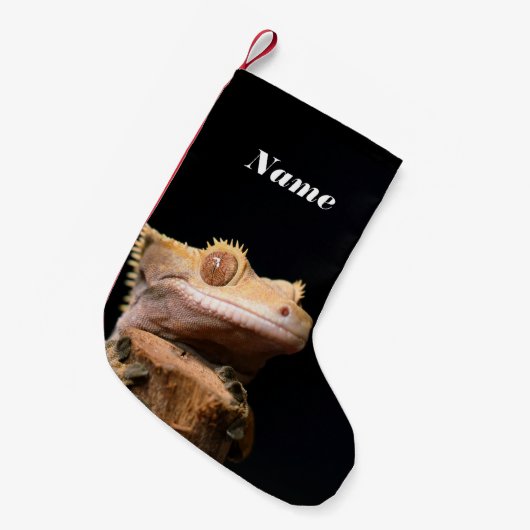 Petite Chaussette De Noël Gecko Lizard en crête sur noir (Devant (Accrochage))