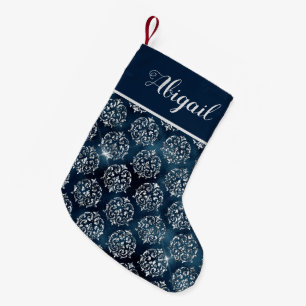 Petite Chaussette De Noël Glam Bleu Marine Argent Damassé Personnalisé