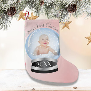 Petite Chaussette De Noël Globe des neiges Pink Girl Baby's 1st Christmas Ph