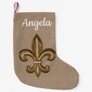Petite Chaussette De Noël Gold Fleur de Lis du sud et toile de jute de Faux