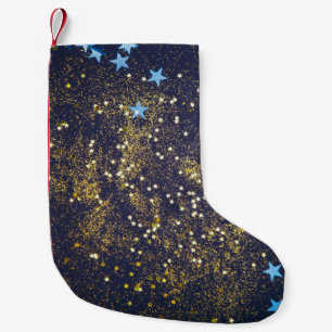 Petite Chaussette De Noël Gold glitter and glittering blue stars on black ba