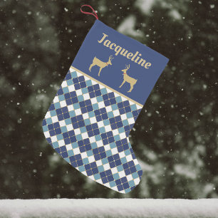 Petite Chaussette De Noël Golden Reindeer et Blue Jacquard Motif vacances