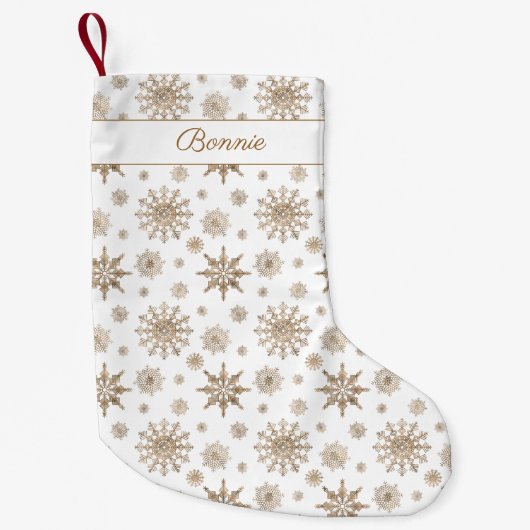 Petite Chaussette De Noël Golden Yellow Snowflakes Motif & Custom Name (Devant)