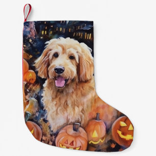 Petite Chaussette De Noël Goldendoodle Halloween avec citrouilles effrayant