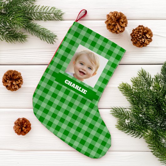 Petite Chaussette De Noël Green Plaid Kid Photo & Name Gingham Rustic Checks