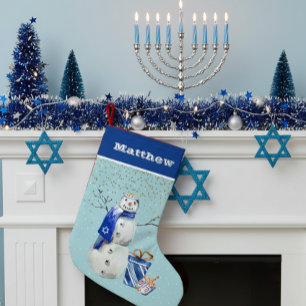 Petite Chaussette De Noël Hanukkah personnalisé - Bonhomme de neige bleu aqu