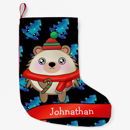 Petite Chaussette De Noël Hérisson souriant mignon avec chapeau de Père Noël (Devant)