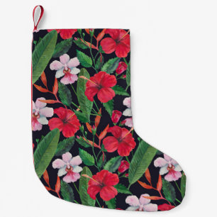 Petite Chaussette De Noël hibiscus rouge, orchidées, aquarelle tropicale.