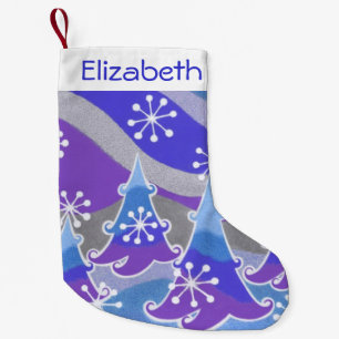 Petite Chaussette De Noël Hiver Arbres Blue Nom bas