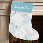 Petite Chaussette De Noël Holiday Simple Beach Tropical Dollar de sable<br><div class="desc">Ce design comprend un mobilier de Noël bleu turquoise mignon avec un script de calligraphie tendance, un style festif simple et minimaliste, un cool unique créatif nautique côtier, une plage tropicale océan coquillages, un bateau de croisière de sable blanc dollar, un séjour en famille, un chalet de plage décoration maison,...</div>