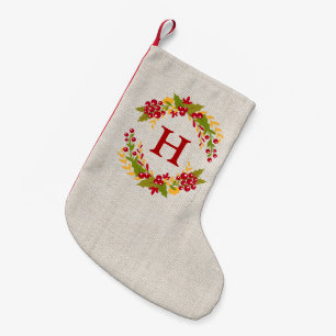 Petite Chaussette De Noël Holly Berries Wreath Monogramme Rustique Linen Bur