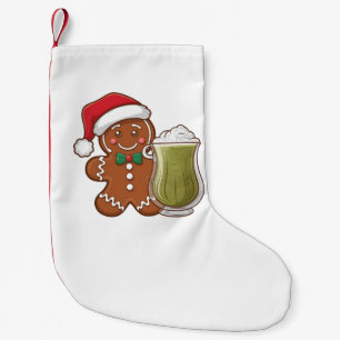 Petite Chaussette De Noël Homme en pain d'épices tenant une boisson matcha N