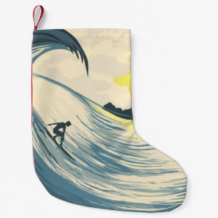 Petite Chaussette De Noël Île tropicale, vague, coucher de soleil de surfer.