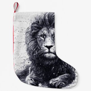 Petite Chaussette De Noël Illustration en noir et blanc de lion.