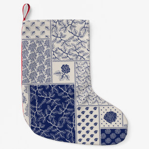Petite Chaussette De Noël Indigo Bleu Beige Floral Patchwork