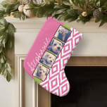 Petite Chaussette De Noël Instagram Photo Collage avec nom rose chaud Ikat<br><div class="desc">Vous pouvez utiliser 4 photos avec des cadres sur celle-ci ! Ajoutez vos quatre photos préférées à cette bande pour un garde-mémoire amusant. Une façon artistique d'afficher vos meilleures photos de partage.</div>